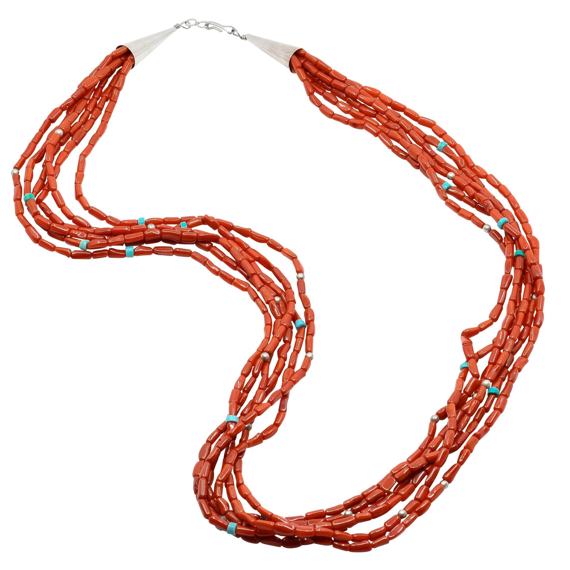 Vintage Navajo Coral Necklace With Turquoise - Turquoise & Tufa