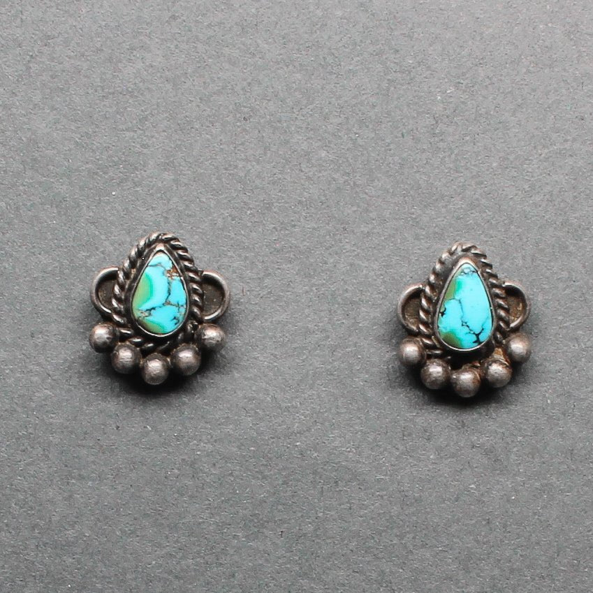 Vintage Navajo Earrings Set With Natural Teardrop Turquoise - Turquoise & Tufa