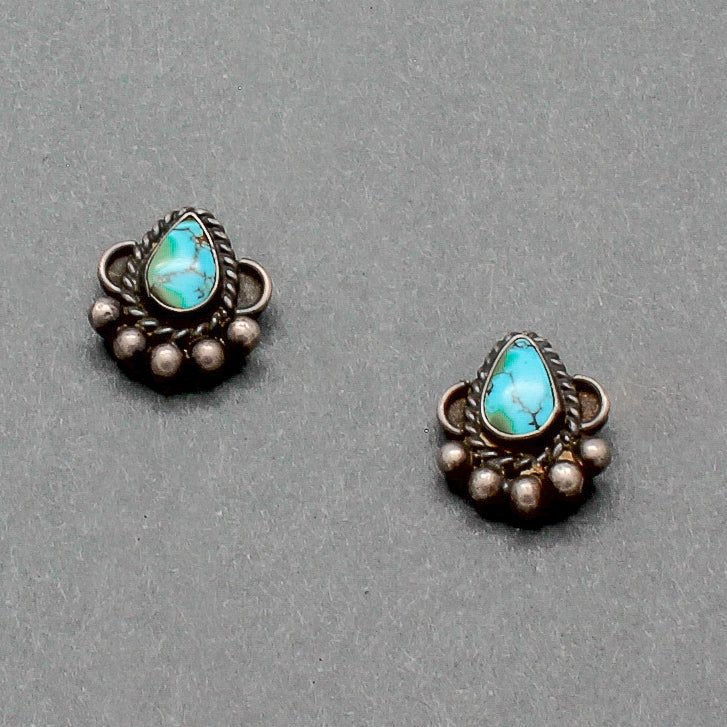 Vintage Navajo Earrings Set With Natural Teardrop Turquoise - Turquoise & Tufa