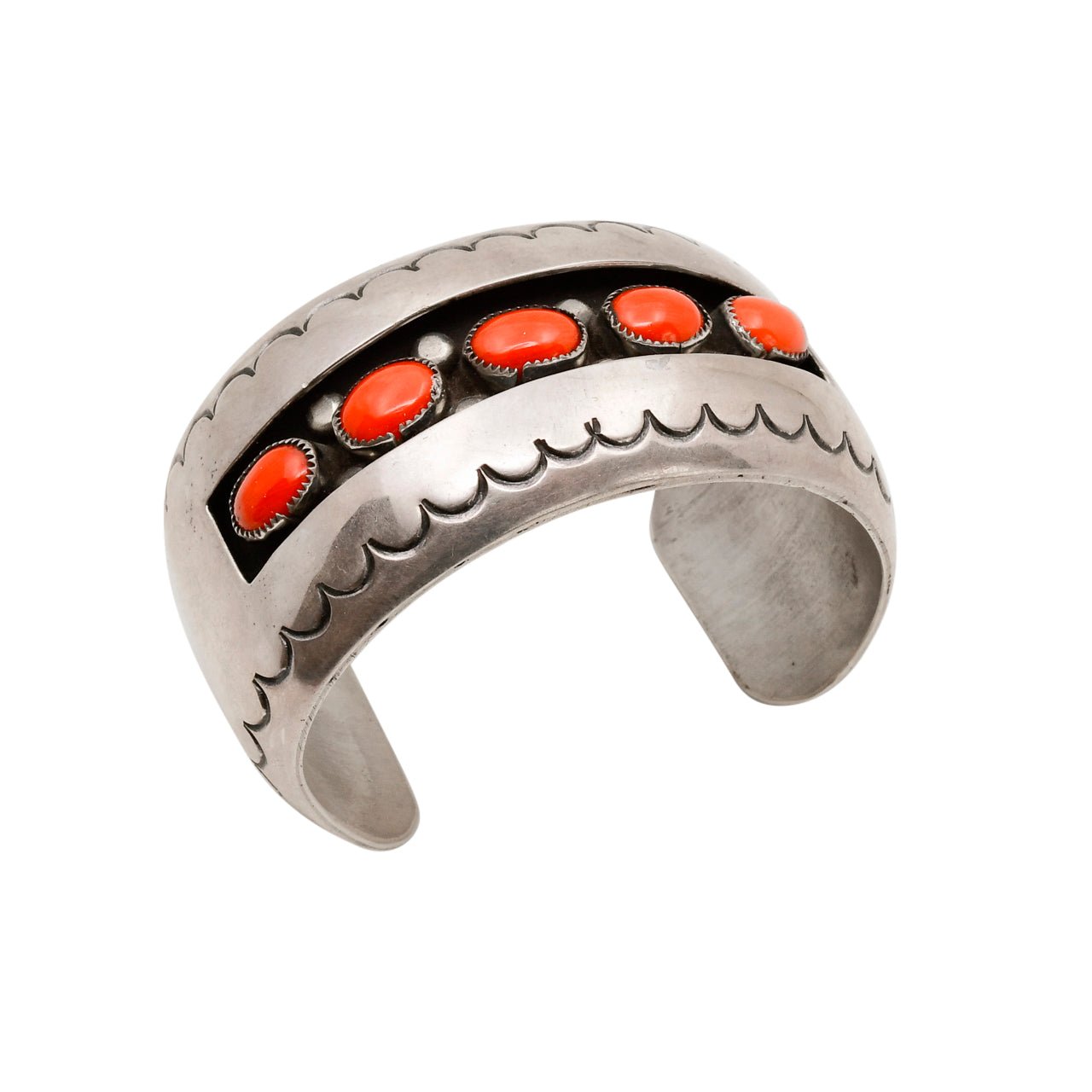 Vintage Navajo Hollow Form Shadow Box Bracelet With Red Coral - Turquoise & Tufa