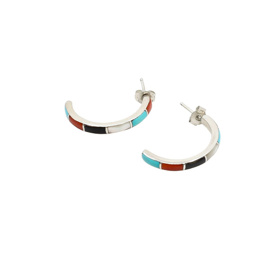 Vintage Navajo Inlay Half Hoop Earrings With Multiple Stones - Turquoise & Tufa