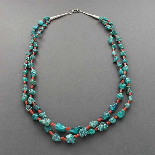 Vintage Navajo or Pueblo Necklace of Natural Turquoise and Coral Pump Drilled - Turquoise & Tufa
