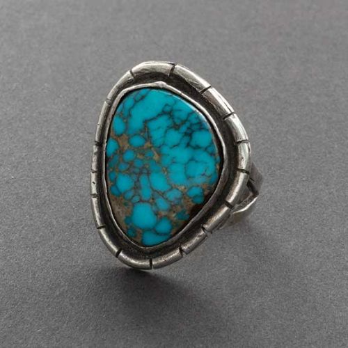 Vintage Navajo or Pueblo Ring with Fine Natural Spider Web Turquoise - Turquoise & Tufa