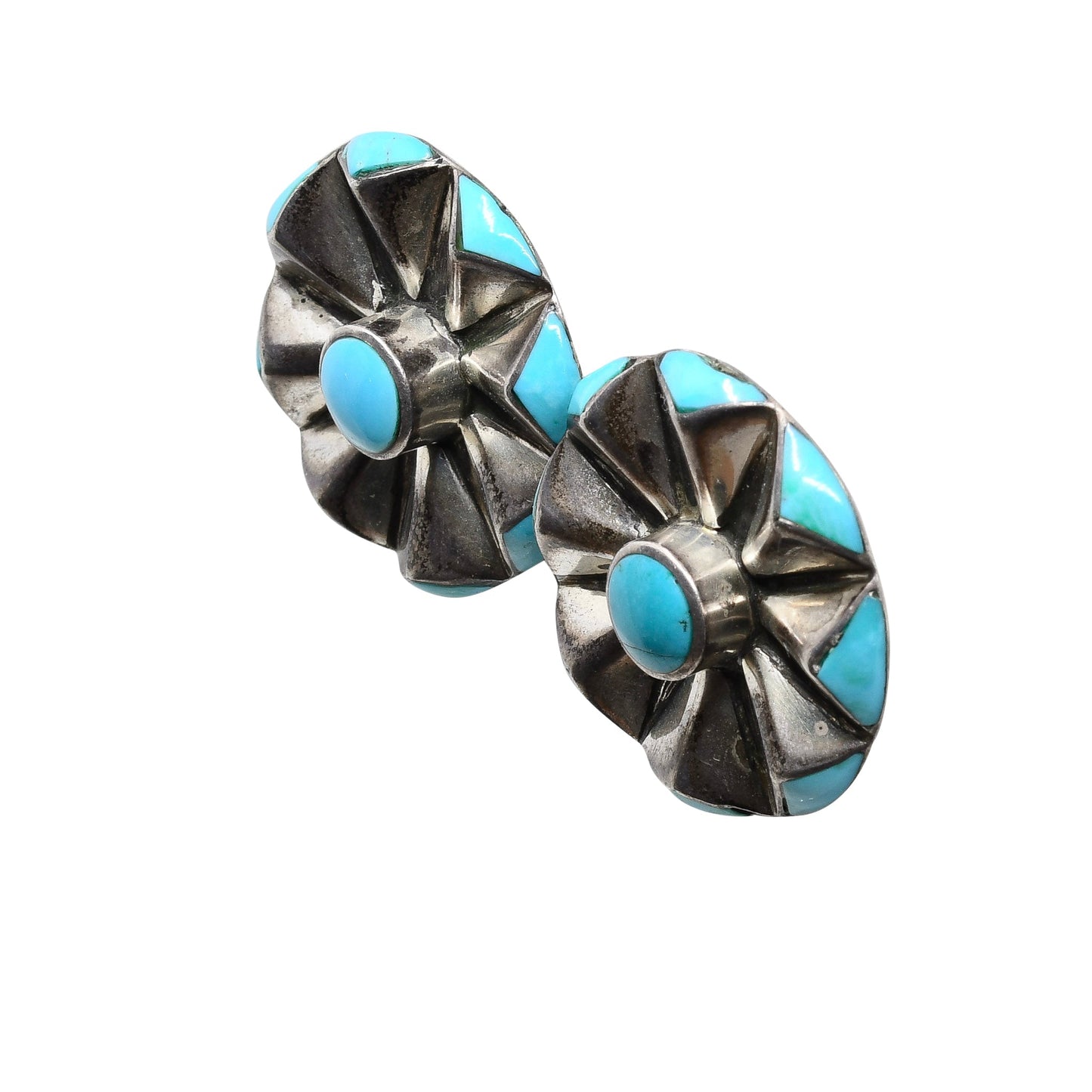 Vintage Navajo or Pueblo Round Earrings With Turquoise Side Inlay - Turquoise & Tufa