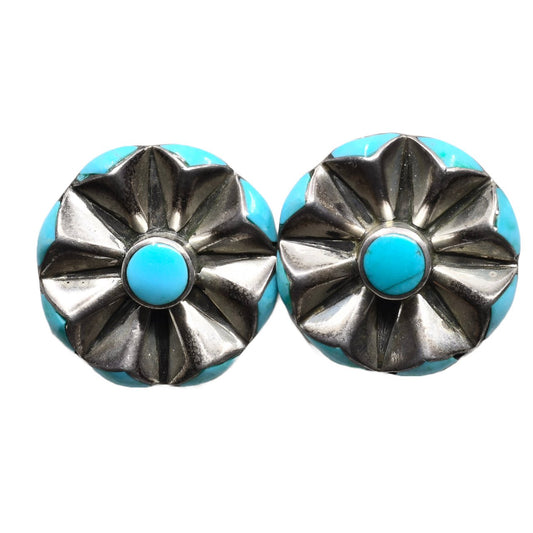 Vintage Navajo or Pueblo Round Earrings With Turquoise Side Inlay - Turquoise & Tufa