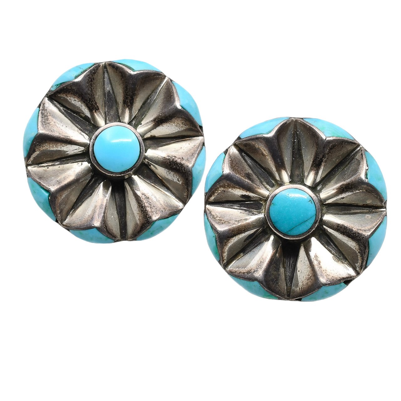 Vintage Navajo or Pueblo Round Earrings With Turquoise Side Inlay - Turquoise & Tufa