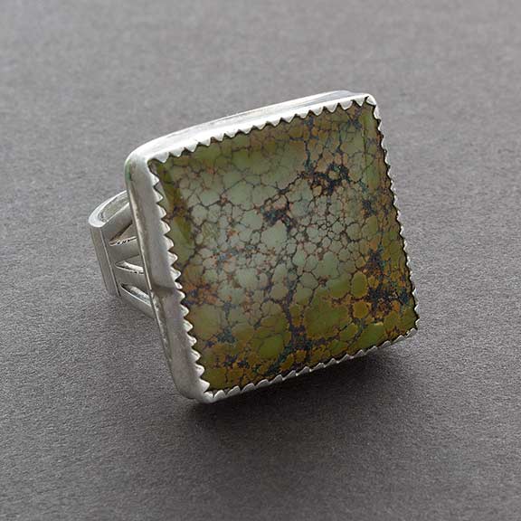 Vintage Navajo Ring of Green Turquoise Square Set in Silver - Turquoise & Tufa