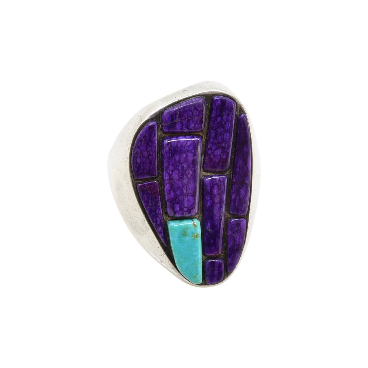 Vintage Navajo Ring of Sugilite and Turquoise Cobblestone Inlay - Turquoise & Tufa