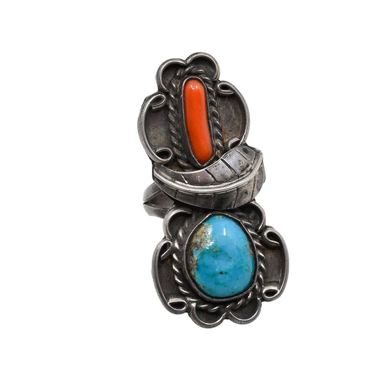 Vintage Navajo Ring of Turquoise & Coral With Leaf - Turquoise & Tufa