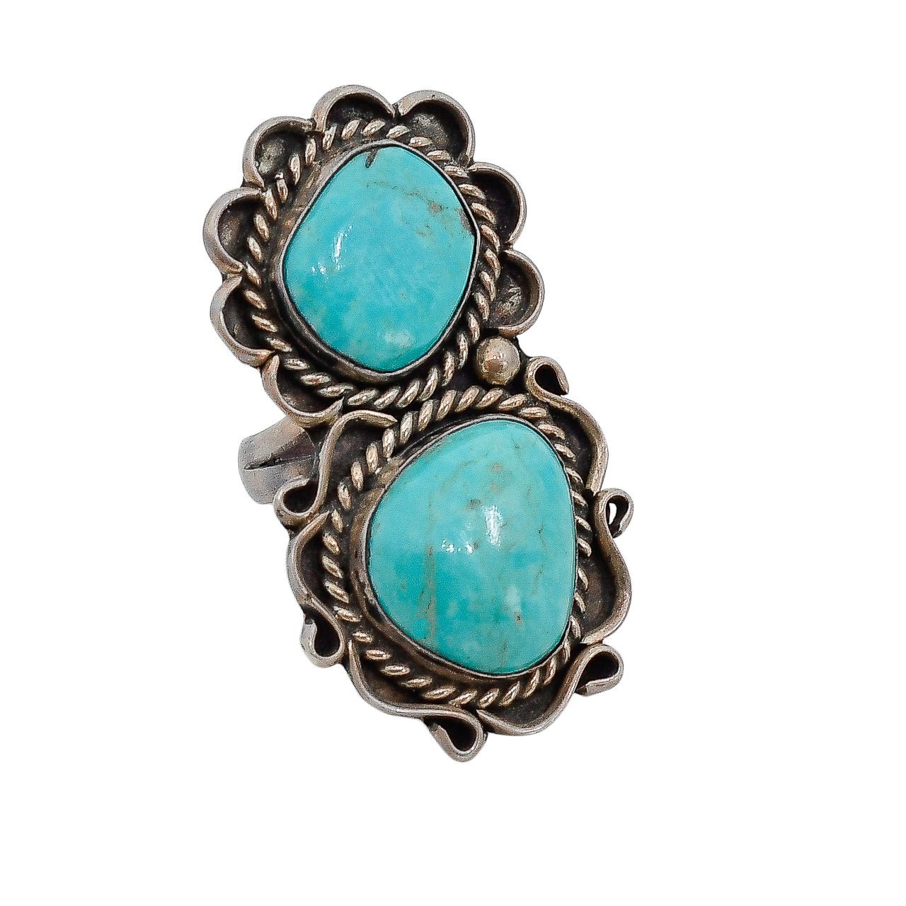 Vintage Navajo Ring of Two Turquoise Stones - Turquoise & Tufa