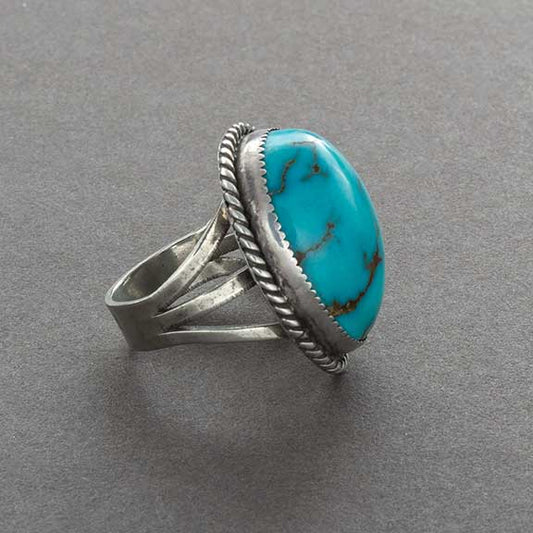 Vintage Navajo Robin's Egg Ring With Domed Turquoise Stone - Turquoise & Tufa