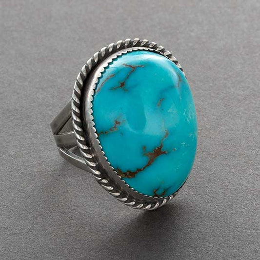 Vintage Navajo Robin's Egg Ring With Domed Turquoise Stone - Turquoise & Tufa
