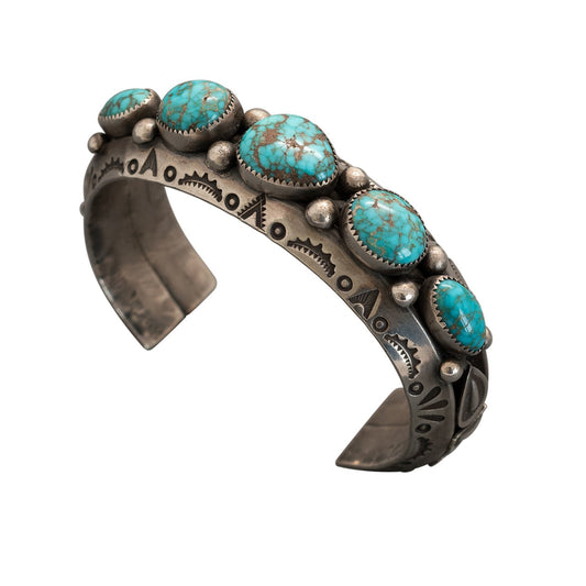 Vintage Navajo Row Bracelet With Fine Natural Turquoise - Turquoise & Tufa