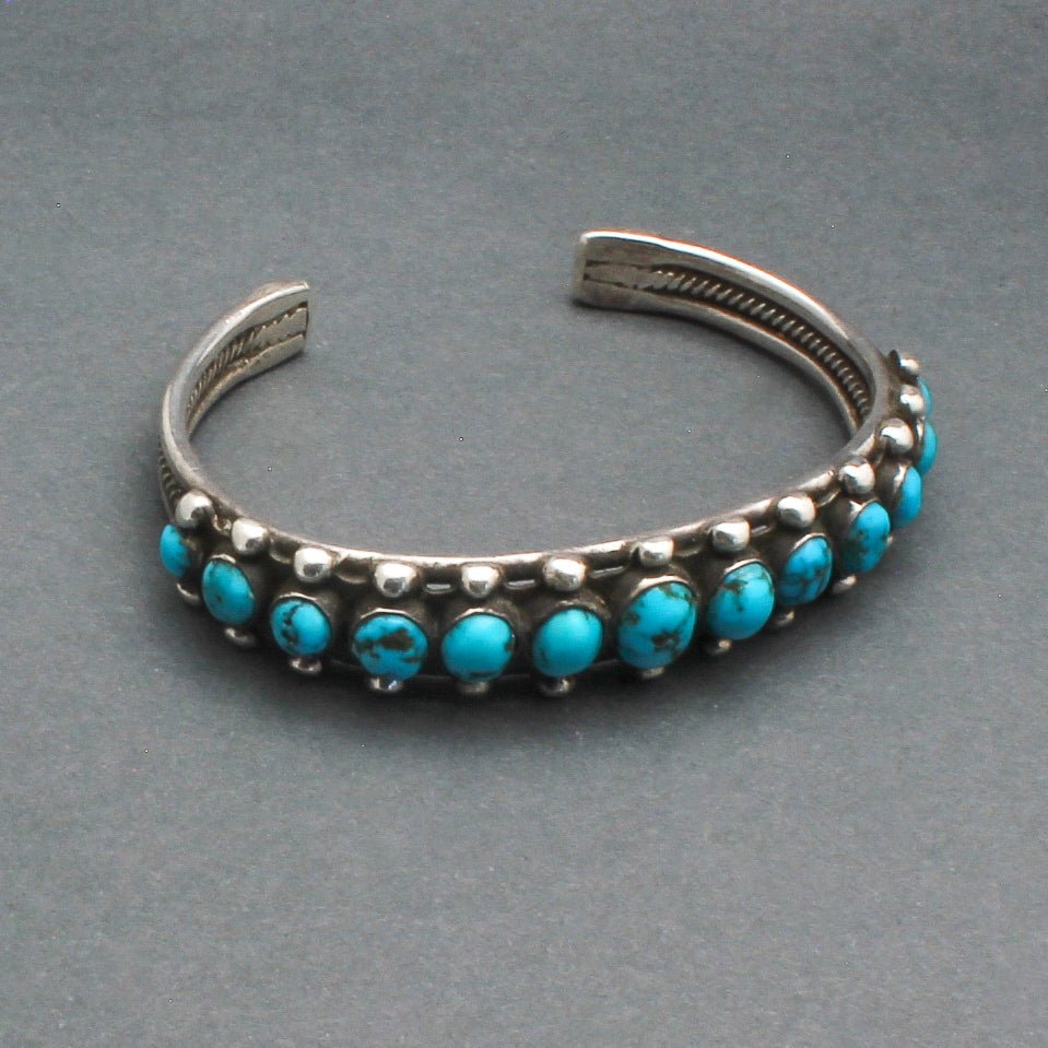 Vintage Navajo Row Bracelet With Hand Cut Turquoise - Turquoise & Tufa