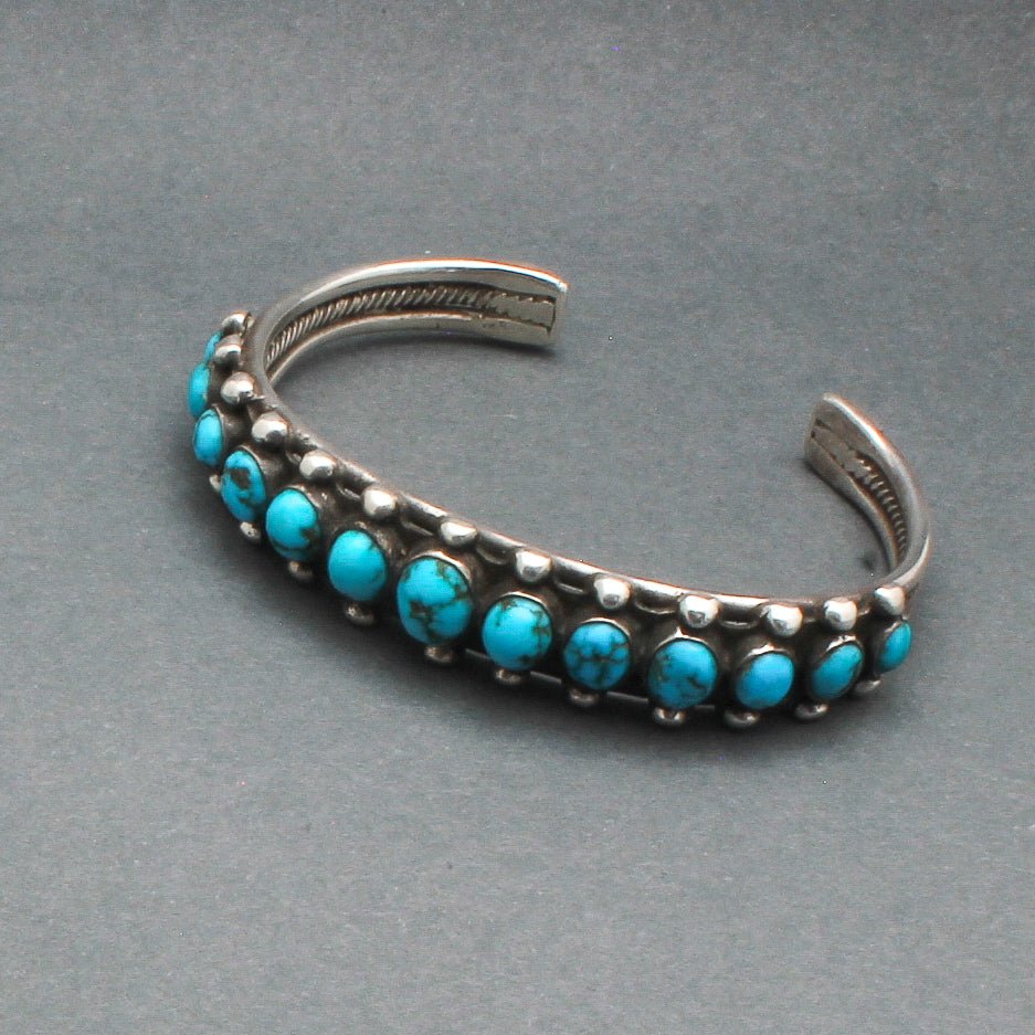 Vintage Navajo Row Bracelet With Hand Cut Turquoise - Turquoise & Tufa