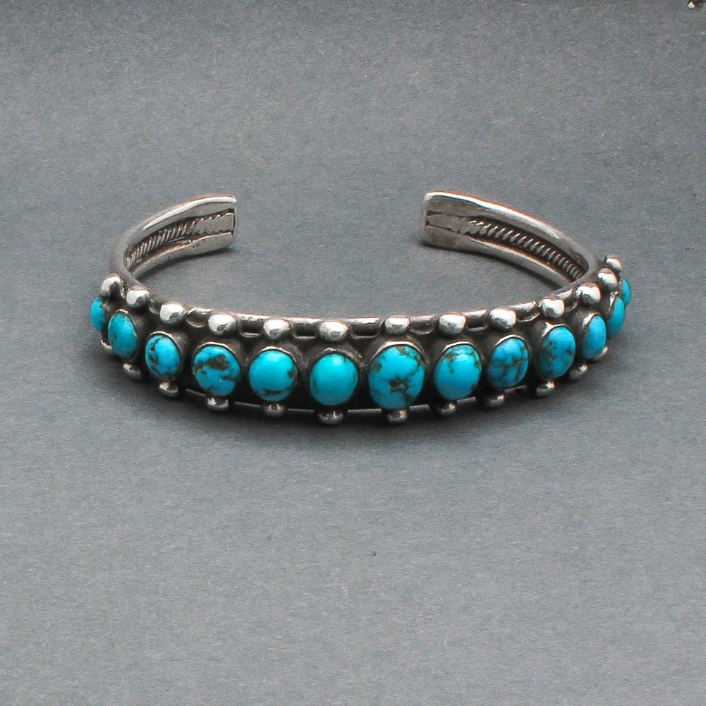 Vintage Navajo Row Bracelet With Hand Cut Turquoise - Turquoise & Tufa