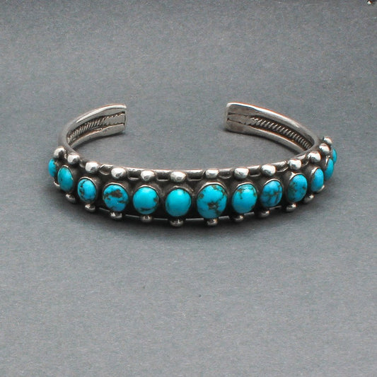 Vintage Navajo Row Bracelet With Hand Cut Turquoise - Turquoise & Tufa