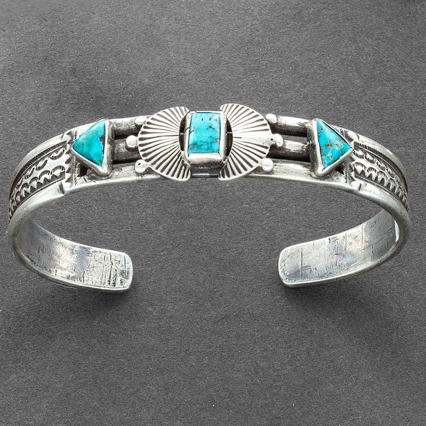 Vintage Navajo Silver Bangle Bracelet Set With 3 Turquoise Stones - Turquoise & Tufa