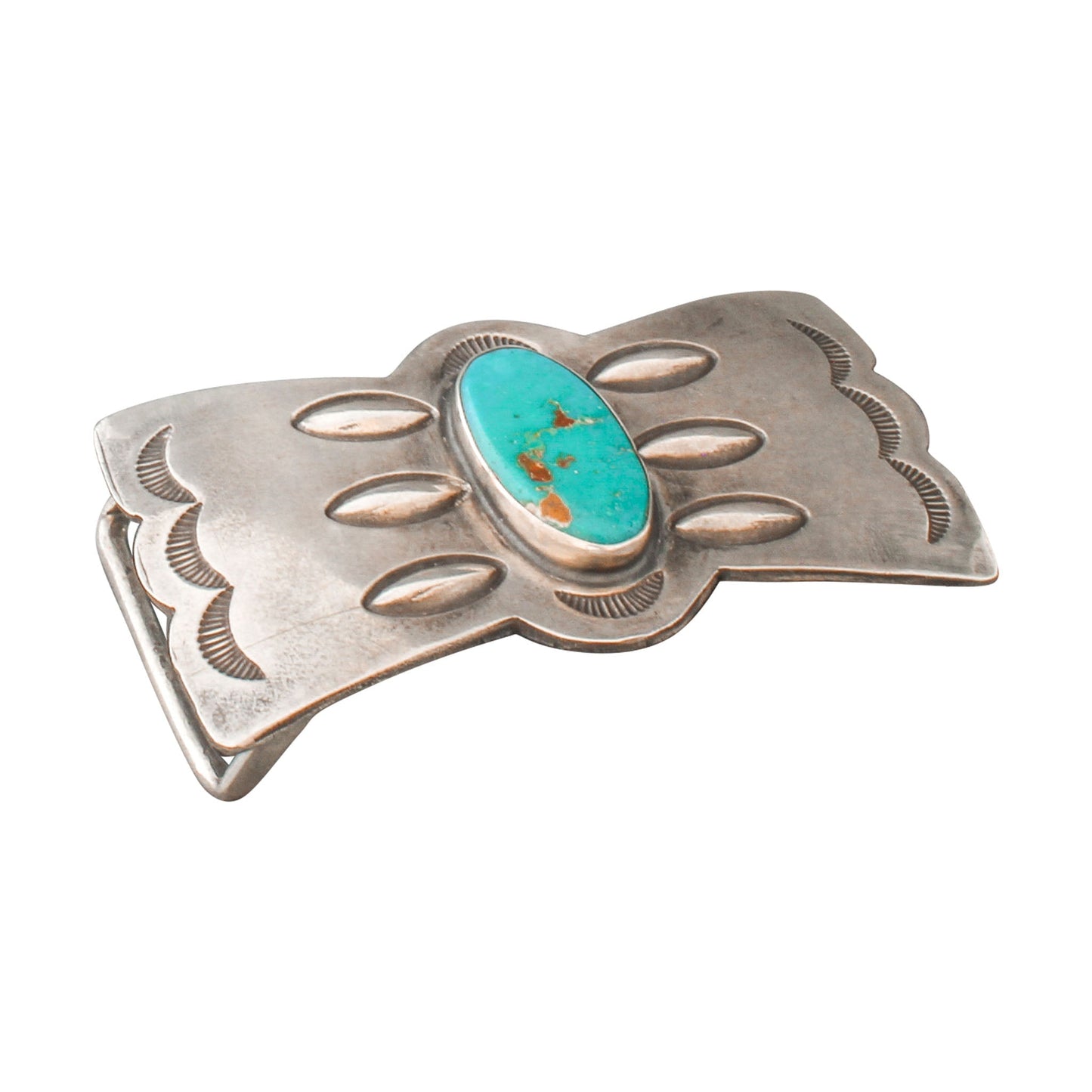 Vintage Navajo Silver Belt Buckle With Natural Blue Gem Turquoise - Turquoise & Tufa
