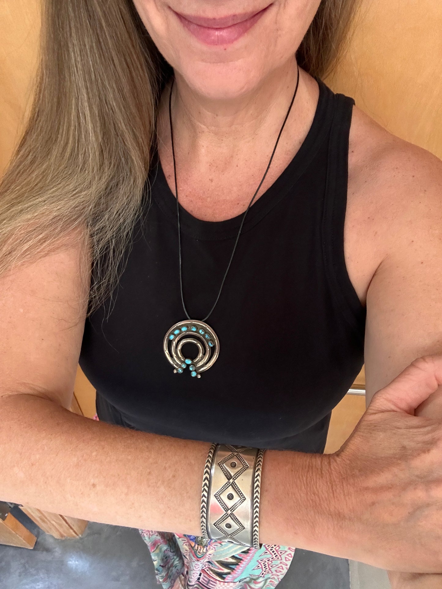 Vintage Navajo silver Bracelet With Striking Geometric Stamp Work - Turquoise & Tufa