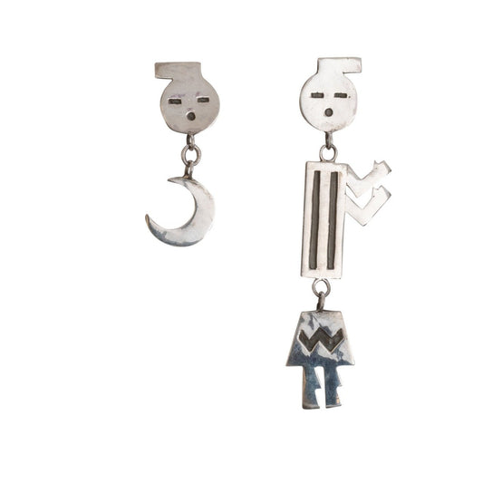 Vintage Navajo Silver Dangle Earrings of Yei Figures - Turquoise & Tufa