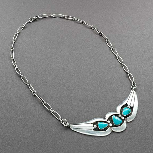 Vintage Navajo Silver Necklace Natural Blue Gem Turquoise - Turquoise & Tufa