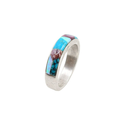 Vintage Navajo Silver Ring With Turquoise & Opal Inlay - Turquoise & Tufa