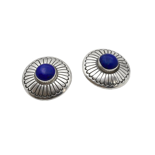 Vintage Navajo Silver Stamped Earrings Set With Lapis Stones Clips - Turquoise & Tufa