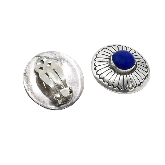 Vintage Navajo Silver Stamped Earrings Set With Lapis Stones Clips - Turquoise & Tufa
