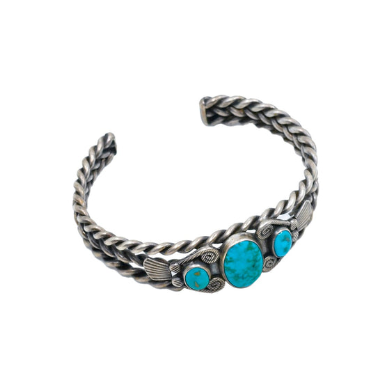 Vintage Navajo Silver Twisted Wire Bracelet With Natural Turquoise - Turquoise & Tufa