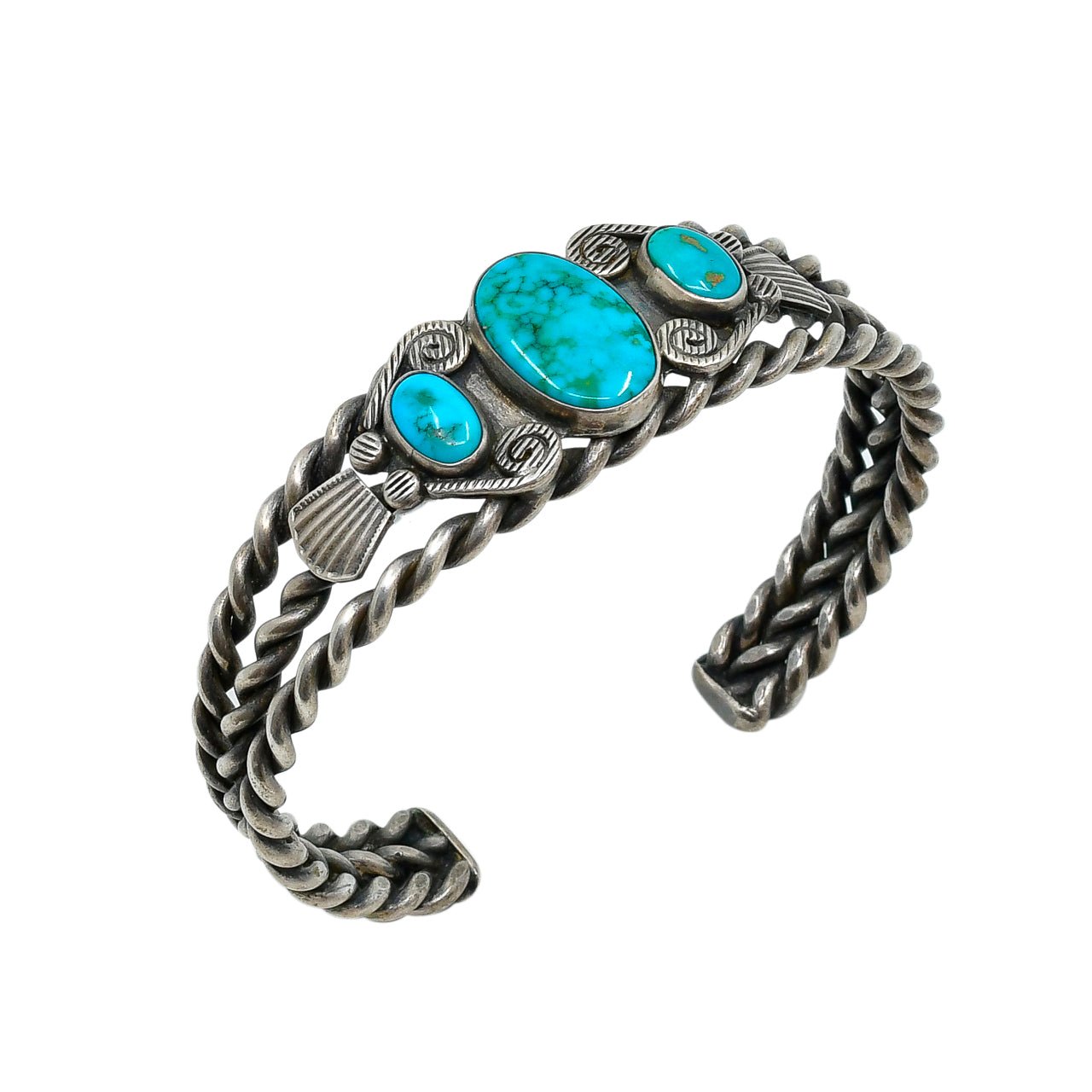 Vintage Navajo Silver Twisted Wire Bracelet With Natural Turquoise - Turquoise & Tufa