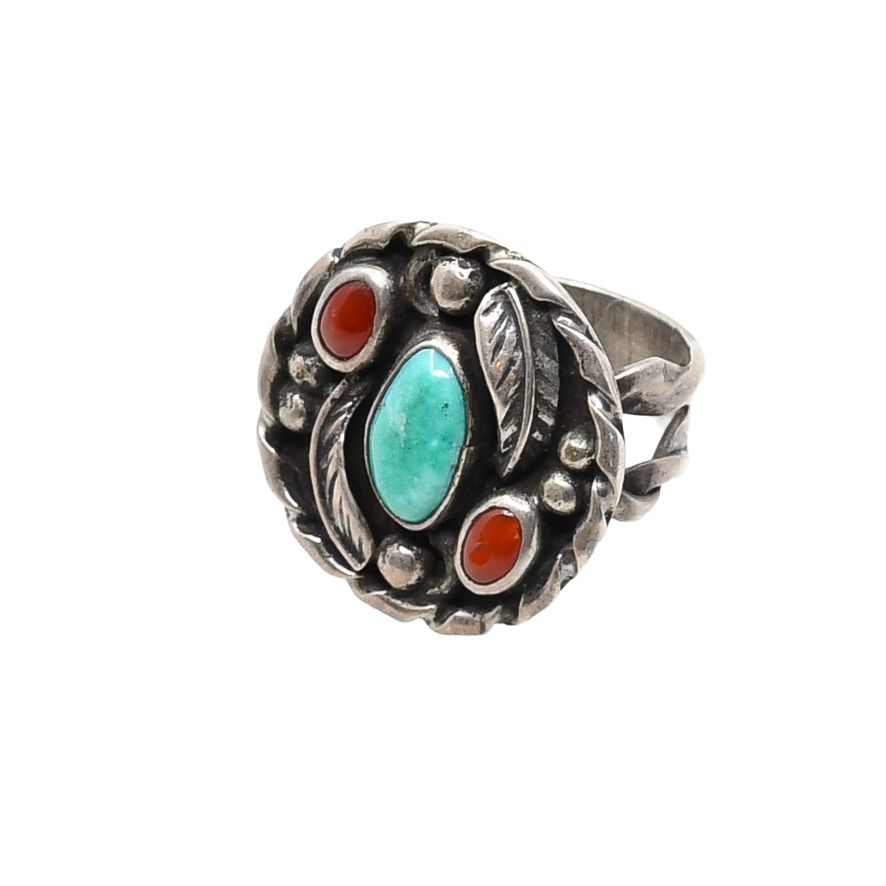 Vintage Navajo Turquoise and Coral Ring With Leaf Work - Turquoise & Tufa