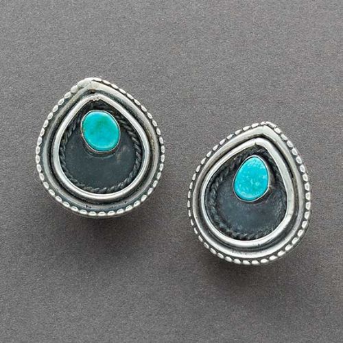 Vintage Navajo Turquoise and Silver Teardrop Earrings - Turquoise & Tufa