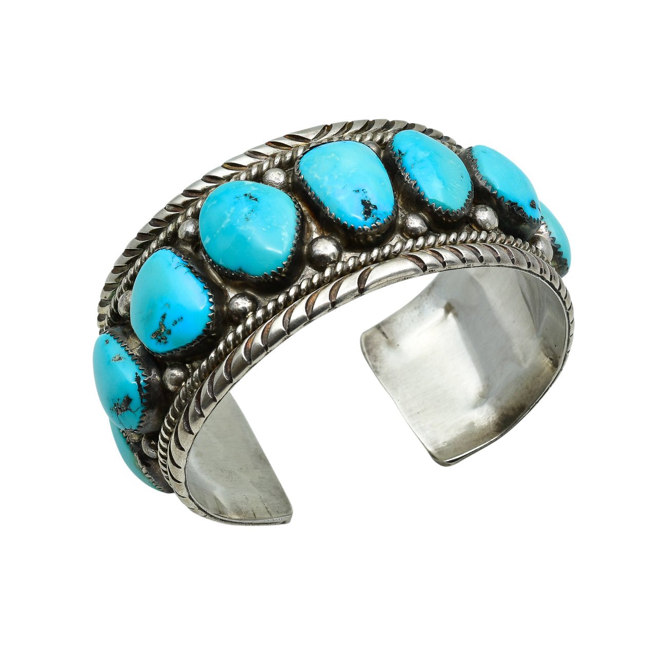 Vintage Navajo Turquoise Row Bracelet With 9 Stones - Turquoise & Tufa