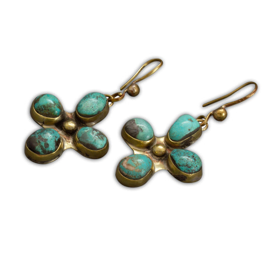 Vintage Pueblo Cross Earrings of Turquoise And Brass By Tony Aguilar Sr. - Turquoise & Tufa