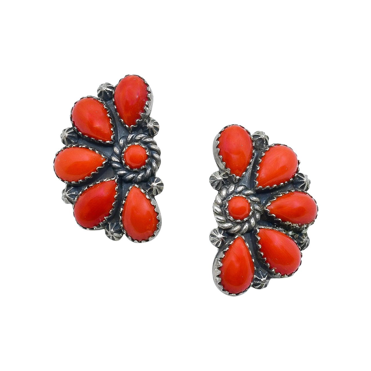 Vintage Red Coral Cluster Earrings By Mary Marie Lincoln Yazzie - Turquoise & Tufa