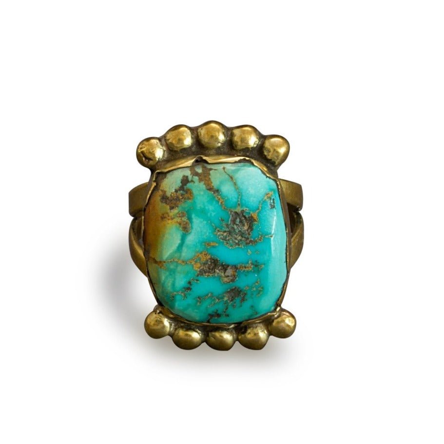Vintage Ring By Tony Aguilar Sr of Brass and Turquoise - Turquoise & Tufa