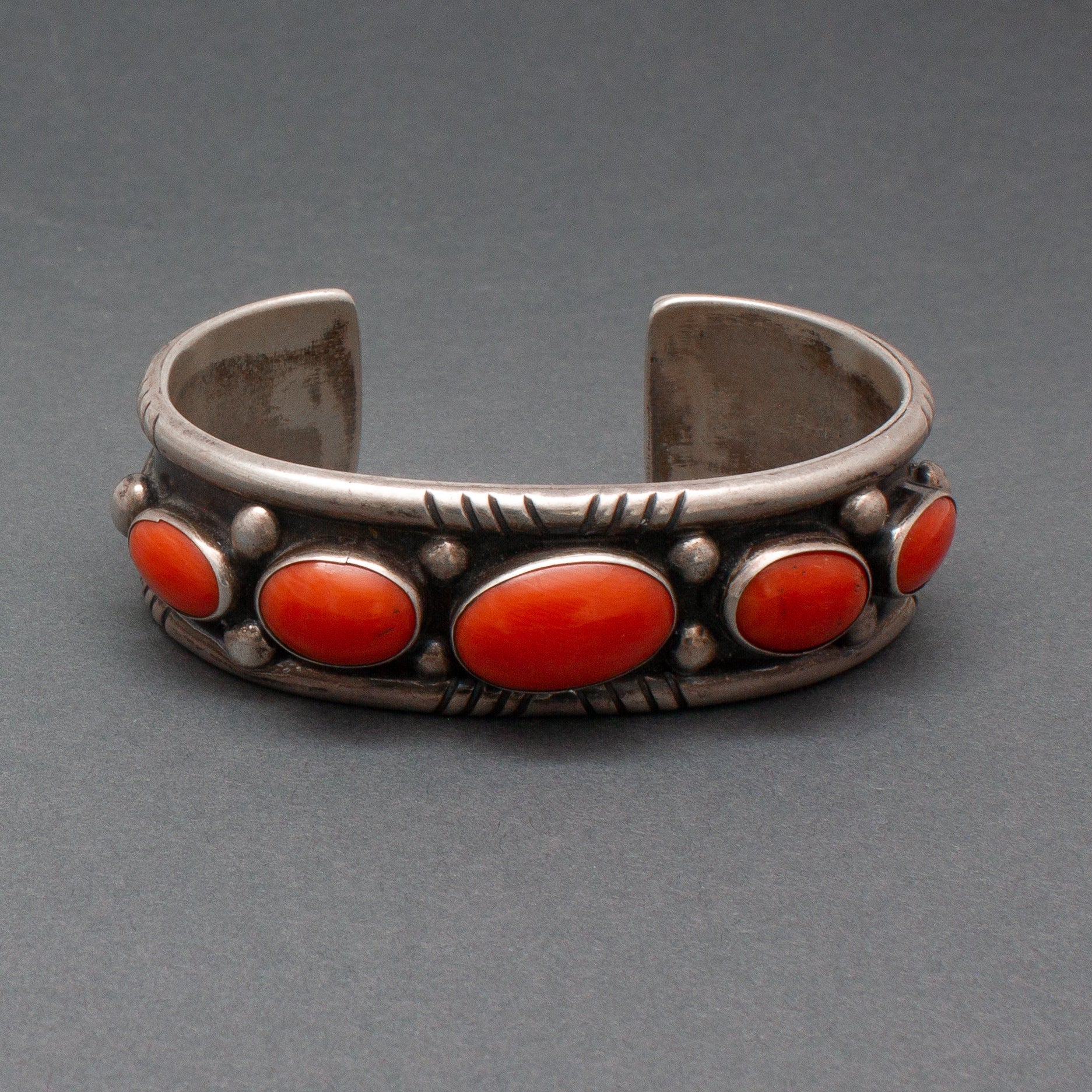 Vintage Silver and Coral Navajo Row Bracelet - Turquoise & Tufa
