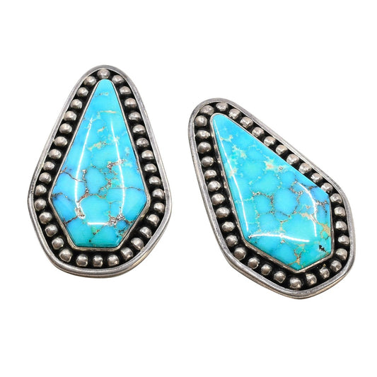 Vintage Silver and Turquoise Earrings Navajo Handmade - Turquoise & Tufa