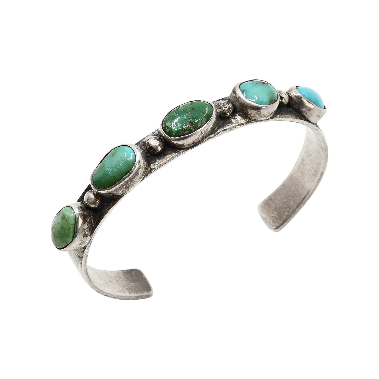 Vintage Silver Row Bracelet With Natural Turquoise Stones - Turquoise & Tufa