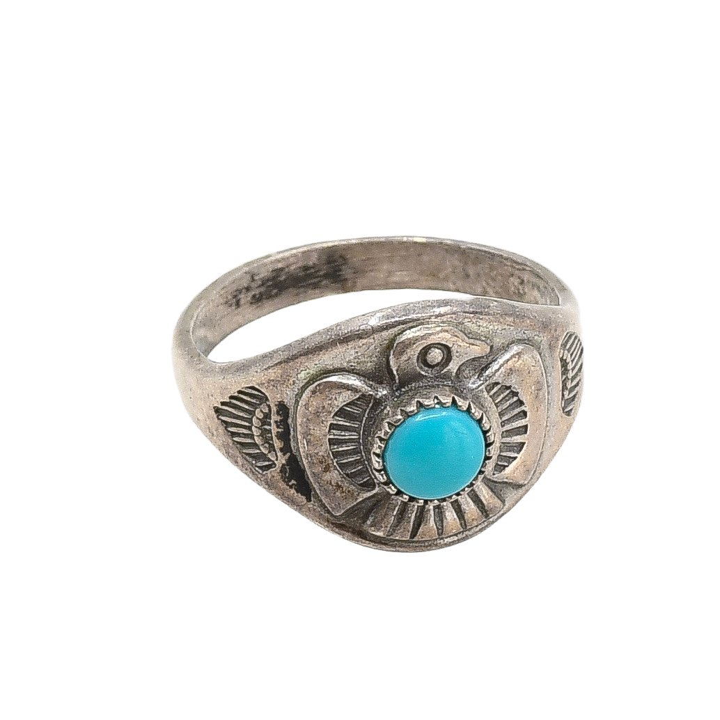 Vintage Silver Thunderbird Turquoise Ring Bell Trading Post - Turquoise & Tufa