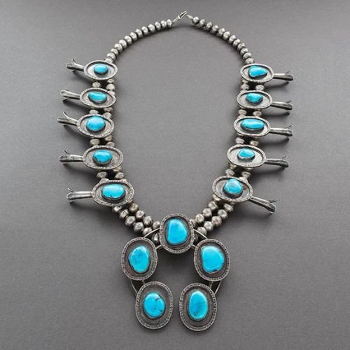 Vintage Squash Blossom Necklace of Turquoise and Silver - Turquoise & Tufa