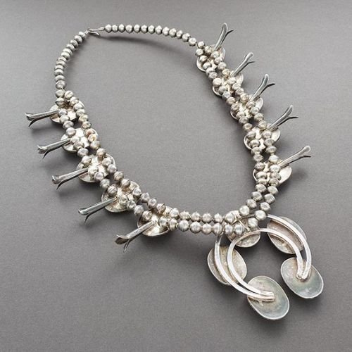 Vintage Squash Blossom Necklace of Turquoise and Silver - Turquoise & Tufa