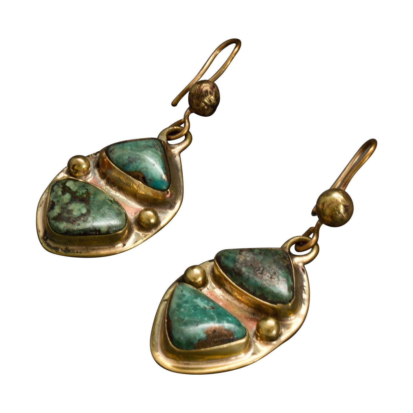 Vintage Tony Aguilar Sr. Turquoise Earrings Set in Brass - Turquoise & Tufa