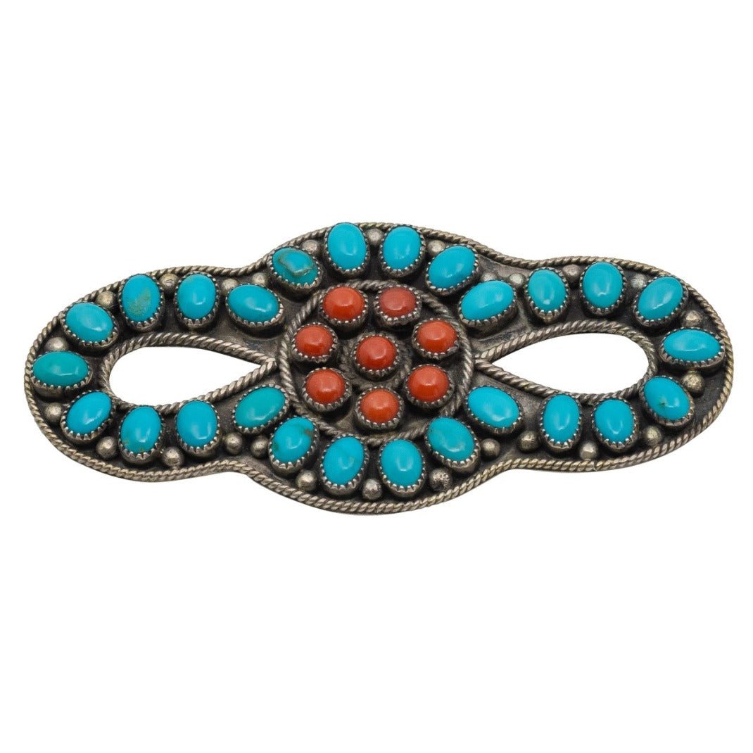 Vintage Turquoise and Coral Cluster Pin Inter-Tribal Award Winner - Turquoise & Tufa