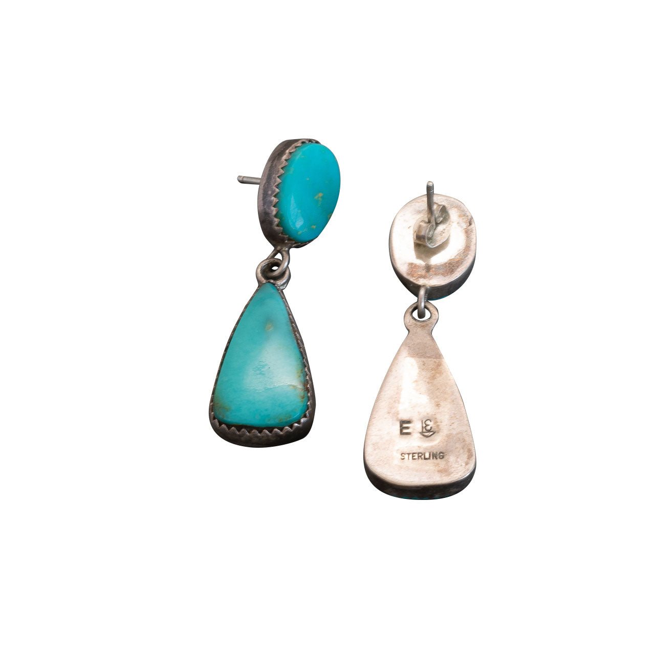 Vintage Turquoise Dangle Earrings of Teardrop Shape - Turquoise & Tufa