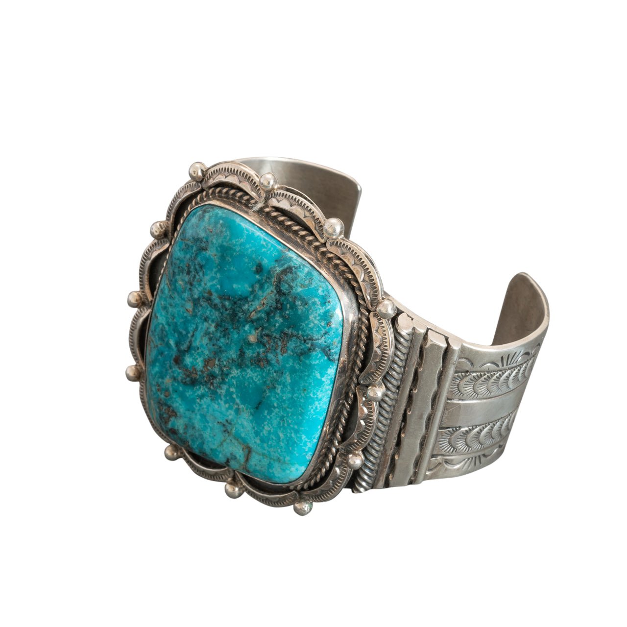 Vintage Wide Navajo Turquoise Cuff Bracelet By Henry Sam - Turquoise & Tufa