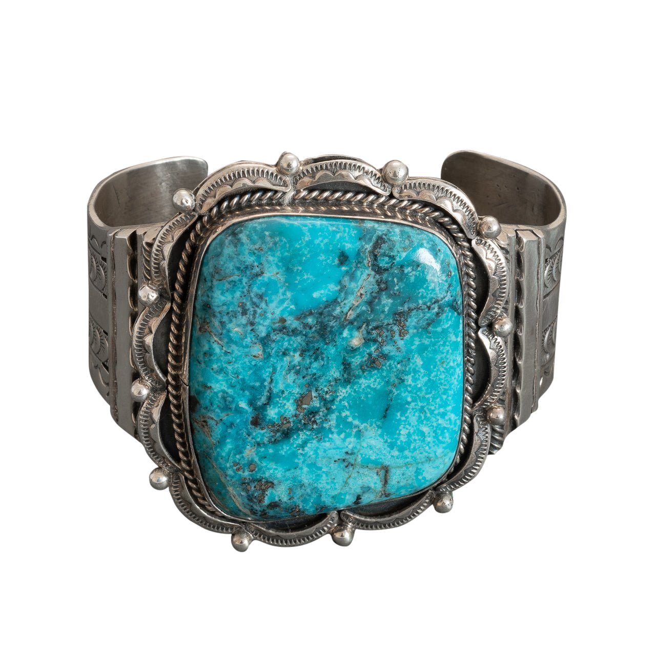 Vintage Wide Navajo Turquoise Cuff Bracelet By Henry Sam - Turquoise & Tufa