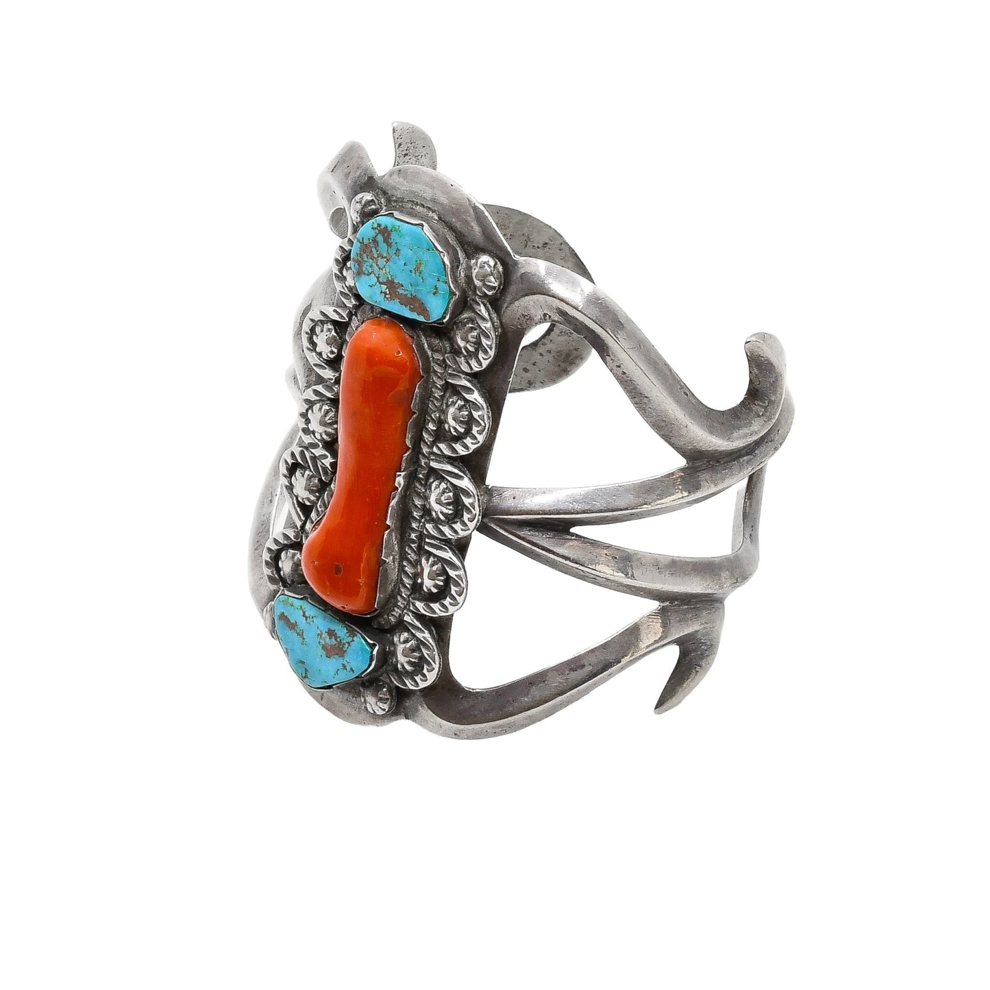 Vintage Wide Tufa Cast Navajo Bracelet With Turquoise and Coral - Turquoise & Tufa