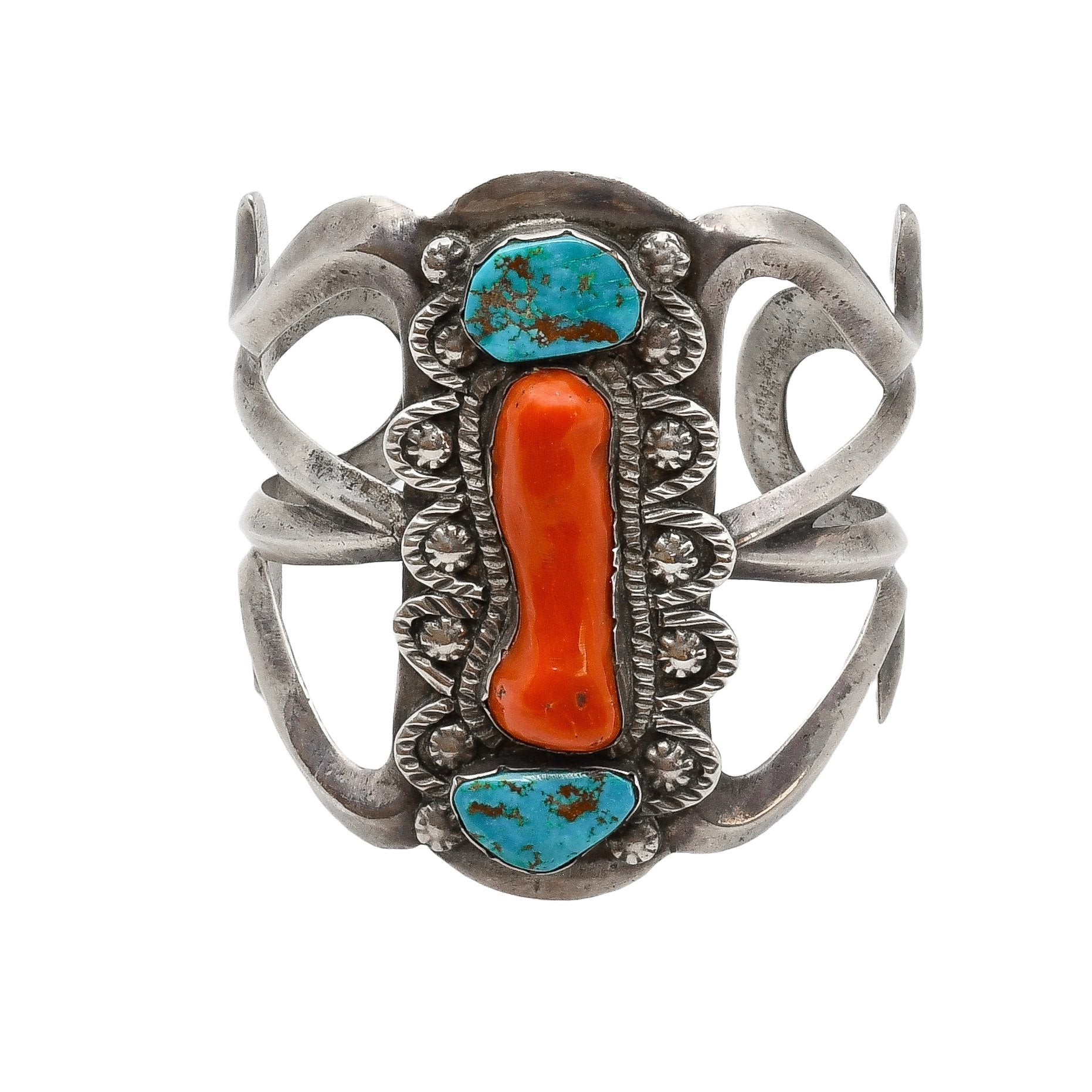 Vintage Wide Tufa Cast Navajo Bracelet With Turquoise and Coral - Turquoise & Tufa